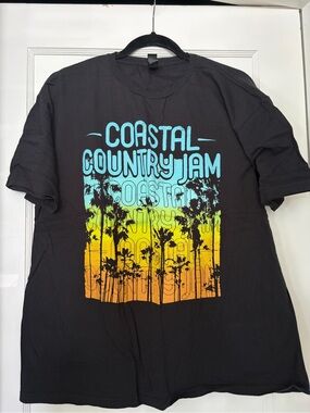 Coastal Country Jam Black Graphic Tee - Sunset Palm Print